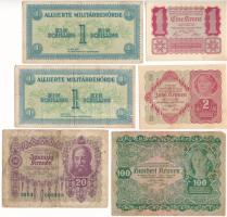 Ausztria 1922. 1K + 2K + 20K + 100K + 1944. 1Sch (2x) T:AU-VG az egyiken sarokhiány, firka Austria 1922. 1 Krone + 2 Kronen + 20 Kronen + 100 Kronen + 1944. 1 Schilling (2x) C:AU-VG missing corner on one, doodle