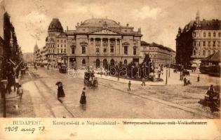 1909 Budapest VIII. Népszínház és Kerepesi út, villamosok (fl)