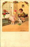 Children art postcard with dog s: Pauli Ebner (EB)