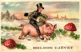 1943 Boldog Újévet / New Year greeting art postcard with chimney sweeper, pig, clovers and mushroom