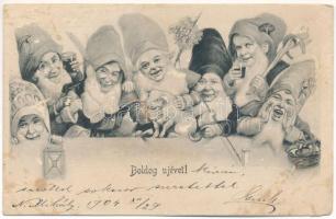 1905 Boldog Újévet / New Year greeting art postcard with dwarves and pig (r)