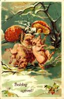 Boldog Újévet / New Year greeting art postcard with pigs and mushroom (EK)