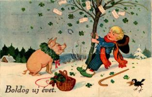 1939 Boldog Újévet / New Year greeting art postcard with boy, pig and clovers. ERIKA Nr. 6129.