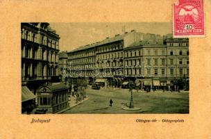 1910 Budapest VI. Oktogon tér, villamos, lejárat a kisföldalattihoz, Komlódi Jakab üzlete. Dr. Trenkler és társa kiadása