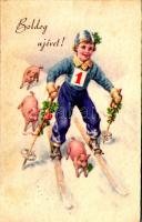 1939 Boldog Újévet / New Year greeting art postcard with skier and pigs, winter sport (fl)