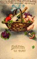 1931 Boldog Újévet / New Year greeting art postcard with pigs, champagne, clovers and mushroom