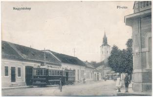 1915 Budapest XXII. Nagytétény, Fő utca, Római katolikus templom, HÉV villamos. Szakály Károly kiadása + &quot;K.u.k. Militärzensur Klagenfurt I.&quot; (fl)