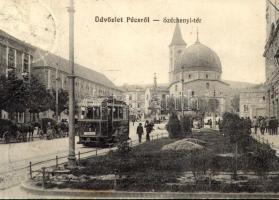 1915 Pécs, Széchenyi tér, villamos, Paunz üzlete (Rb)