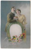 1915 Boldog Újévet / New Year greeting art postcard with horseshoe and romantic couple (EK)