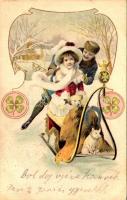 1904 Boldog Újévet / New Year greeting art postcard with romantic couple, sled, clovers and pig. Art Nouveau (felületi sérülés / surface damage)