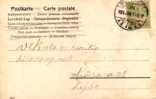 1904 Boldog Újévet / New Year greeting art postcard with romantic couple, sled, clovers and pig. Art...