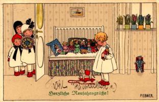 1919 Herzliche Neujahrsgrüße / New Year greeting art postcard with children and toys. M. Munk Wien Nr. 986. s: Pauli Ebner (ázott sarkak / wet corners)