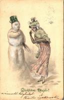 Glückliches Neujahr / New Year greeting art postcard with snowman and lady. M. M. Vienne (EM)