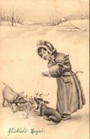 1910 Glückliches Neujahr / New Year greeting art postcard with dog and pig. V. K. Vienne 5056. (fl)