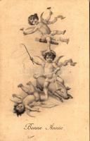 1911 Bonne Année / New Year greeting art postcard with pig and angels. H. Ch. Vienne Nr. 145. (fl)