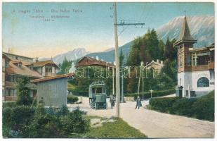 Tátrafüred, Ótátrafüred, Altschmecks, Stary Smokovec (Magas-Tátra, Vysoké Tatry); étterem, kávéház utca, korai trolibusz / restaurant, street, early trolley autobus (fl)