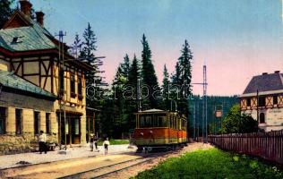 1924 Tátralomnic, Tatranská Lomnica (Magas-Tátra, Vysoké Tatry); Stanica elektr. dráhy / Elektr. Bahnstation / Villamos vasútállomás, Lomnica szálloda és étterem / tram station, tramway, railway station, hotel and restaurant (fl)