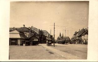 ~1930 Kassa, Kosice; utcakép, villamos Stollwerck és Armada krém reklámmal, bódék Auto Omnia reklámmal / street view with tram, shops and kiosks. photo (fl)