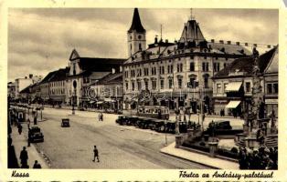 Kassa, Kosice; Fő utca, Andrássy palota, autók, villamos, drogéria / main street, tram, automobiles, drugstore (EM)