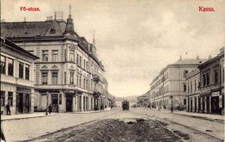 1907 Kassa, Kosice; Fő utca, villamos, Spiegel Jakab és Csupka Lajos üzlete, gyógyszertár / main street, tram, shops, pharmacy