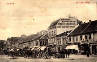 1914 Kassa, Kosice; Fő utca, lovashintók, Breuer Gábor Andrássy Palota reklám, Berkovits József és Holzer Simon üzlete, Hubsch kávéház / main street, shops, cafe, horse chariots (EK)