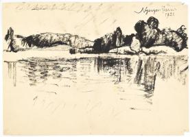 Nyergesi János (1895-1982): Dunapart, 1920. Szén, papír, jelezve jobbra fent. Sarkaiban sérült. Közepén hajtásnyommal. 22x30 cm.