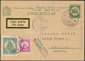 1926 szep. 7 Vegyes bérmentesítés: 8f díjjegyes levelezőlap Koronás Madonna 5000K és Pengő-fillér 8f kiegészítő bérmentesítéssel légipostával Ausztriába. Érdekes tartalmú köznapi küldemény kiállítási minőségben!