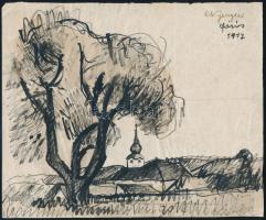 Nyergesi János (1895-1982): Távolban a falu, 1917. Tus, papír, jelezve jobbra fent. Hajtásnyommal. 19,5x24 cm.