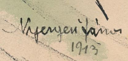 Nyergesi János (1895-1982): Dombon ülő lány, 1913. Akvarell, pasztell, tus, papír, jelezve jobbra le...