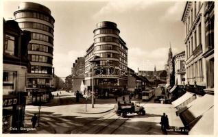 Oslo, Storgaten, Gasmann's Manufaktur, Londoner Bazar, Stormbull / street, tram, truck, shops