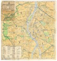 cca 1940 Plan de Budapest, capitale de la Hongrie - Carte indicatrice des églises catholiques et des maisons a Budapest / Budapest térképe, hátoldalán a város katolikus templomainak és kolostorainak térképével, francia nyelvű kiadás, kissé viseltes állapotban, szakadásokkal, javított, 47x43 cm