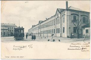 1902 Pozsony, Pressburg, Bratislava; Kefegyár, villamos. Verlag Bediene dich allein / Bürsten-Fabrik / brush factory, tram (EK)