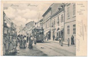 1901 Pozsony, Pressburg, Bratislava; Széplak utca, villamos, Mészáros üzlete. Duschinsky G. kiadása / Schöndorfergasse / street view, tram, shops (EB)