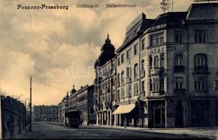 1917 Pozsony, Pressburg, Bratislava; Stefánia út, villamos, Deák szálloda. Sudek Antal kiadása / Stefaniestrasse / street view, tram, hotel (EK)