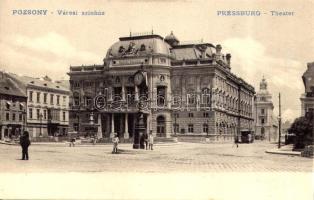 Pozsony, Pressburg, Bratislava; Városi színház, villamos, Bohr Ernő üzlete / Theater / theatre, tram, shops