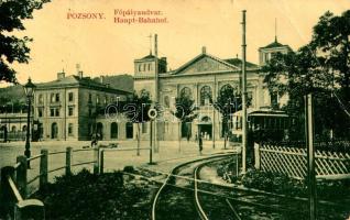 1916 Pozsony, Pressburg, Bratislava; Főpályaudvar, vasútállomás, kanyarodó villamos. W.L. Bp. 648. / main railway station, tram (EB)