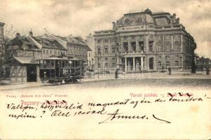 1904 Pozsony, Pressburg, Bratislava; Városi színház, villamos, Stollwerck csokoládé reklám. Verlag Bediene dich allein / Stadttheater / theatre, tram, Stollwerck chocolate advertisement (EK)