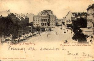 1898 (Vorläufer) Pozsony, Pressburg, Bratislava; Sétatér és városi színház, villamos. Kozics Ede kiadása / Promenade and städt. Theater / theatre, promenade, tram (EM)