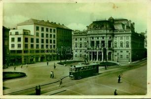 1940 Pozsony, Pressburg, Bratislava; Mestské divadlo / Stadttheater / városi színház, villamos, üzletek / theatre, tram, shops (lyuk / pinhole)