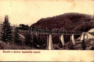 1910 Tiszolc, Tisovec; Tiszolc-völgyi fogaskerekű vasút Breznóbánya és Tiszolc között, iparvasút, gőzmozdony, híd, viadukt. W.L. Bp. Kiadja Kohn Albert / standard gauge cogwheel railway between Brezno nad Hronom and Tisovec, industrial railway viaduct, locomotive, bridge (kopott sarkak / worn corners)