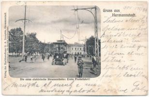 1904 Nagyszeben, Hermannstadt, Sibiu; Die neue elektrische Strassenbahn: Erste Probefahrt! Verlag G. A. Seraphin, Lichtdruck v. Jos. Drotleff / A villamos hálózat első elektromos kocsija Nagyszebenben, az első próbaút, tesztvezetés / the first electric omnibus (tram car) on its first test drive in Sibiu (fl)