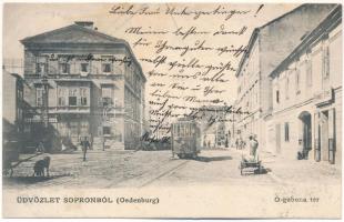 1904 Sopron, Ó-gabona tér, villamos, Schwarz Samu üzlete (fl)