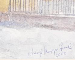 Abonyi Magyar Imre (1939-2010): Téli utca. Akvarell, ceruza, papír, jelzett. Üvegezett, dekoratív fa...