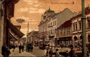 Miskolc, Széchenyi utca, Apollo színház, mozi, Boholy Imre, Neumann József üzlete, villamos (Rb)