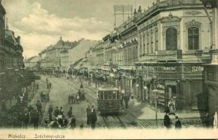 Miskolc, Széchenyi utca, villamos, Rosenberg Gyula fiók üzlete, szőnyeg áruház. Ferenczi B. kiadása