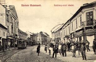 1911 Miskolc, Széchenyi utca, villamos, Weissberg Adolf Özv. utóda divatáruháza, üzletek (EK)