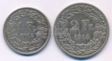 Svájc 1914. 1Fr Ag + 2Fr Ag T:XF-F patina Switzerland 1914. 1 Franc Ag + 2 Francs Ag C:XF-F patina Krause Y#31, Y#32