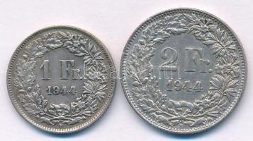 Svájc 1944. 1Fr Ag + 2Fr Ag T:XF kis ph. Switzerland 1944. 1 Franc Ag + 2 Francs Ag C:XF small edge error Krause Y#31, Y#32