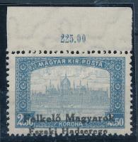 Nyugat-Magyarország V. 1921 Parlament 2,50K a felülnyomat jelentős elcsúszásával, Bodor és G.W. (György Winter) vizsgálójelekkel