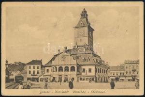 Brassó, Kronstadt, Brasov; Városháza, városi vasút, kisvasút, vonat. Hubert Hedvig és társa kiadása / town hall, urban railway, train + &quot;M.KIR.POZSONYI 64.MOZGÓ NÉPF. BEMUT. SZEMLEBIZOTTSÁG&quot; (EK)